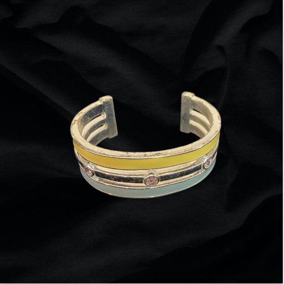 Metal Wrist Cuff in Blue, Yellow, and Silver with Pink Rhinestones - Picture 7 of 8